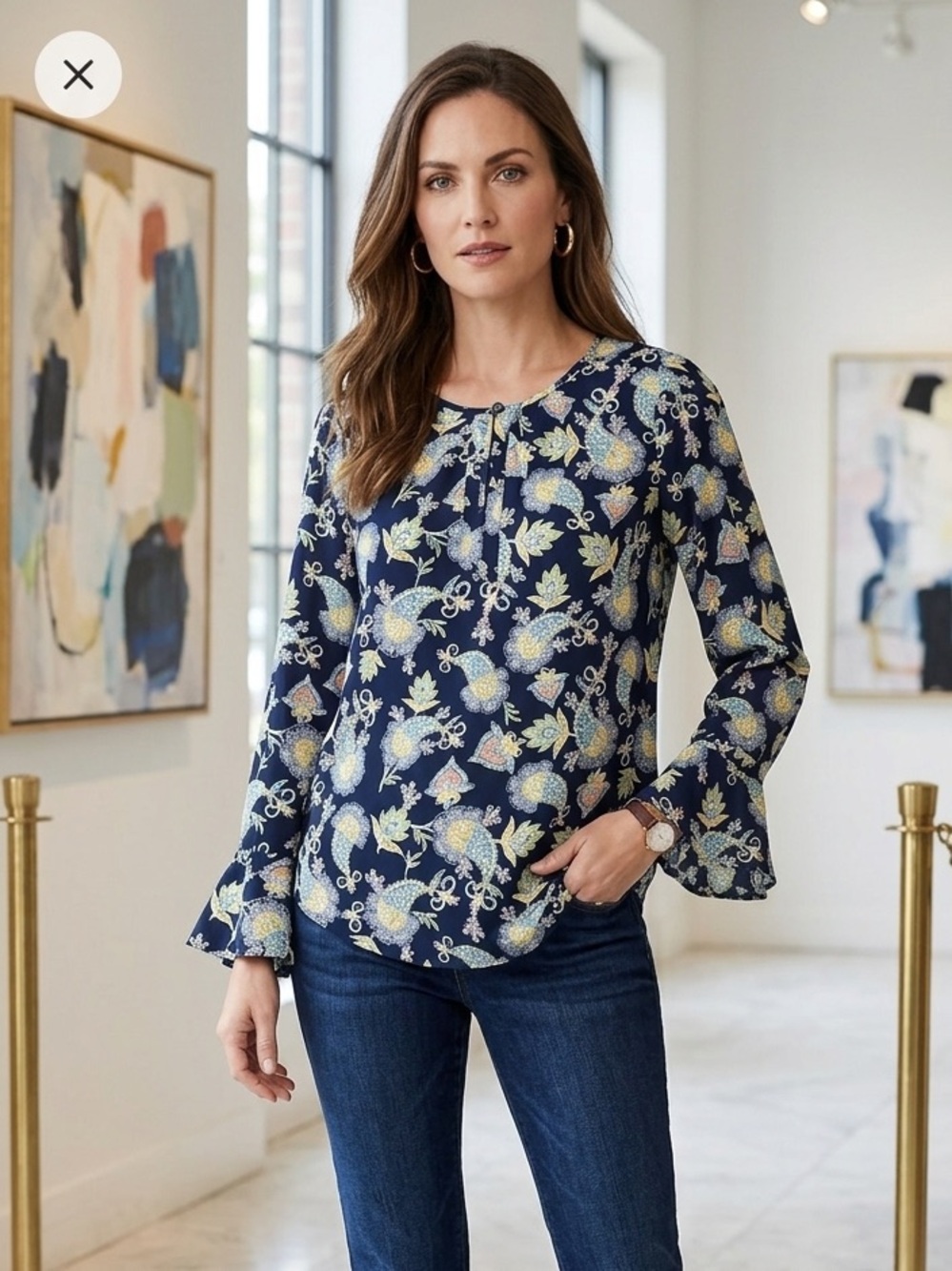 LOFT Navy Blue Multi Floral Vine Blouse Small Flutter Sleeve Keyhole Rounded Hem